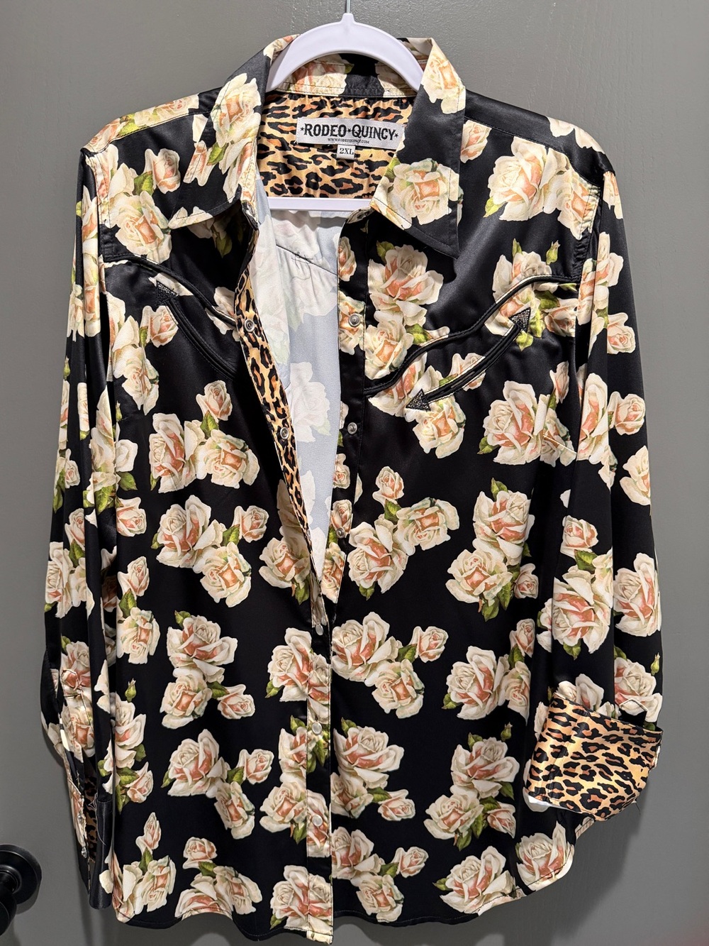 Rodeo Quincy Black Satin Floral Button-Up Shirt